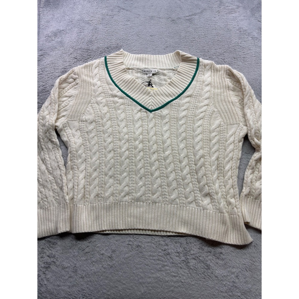 Ava & Viv Womens 1X Cream Cable Knit V-Neck Sweater Green Trim Preppy New